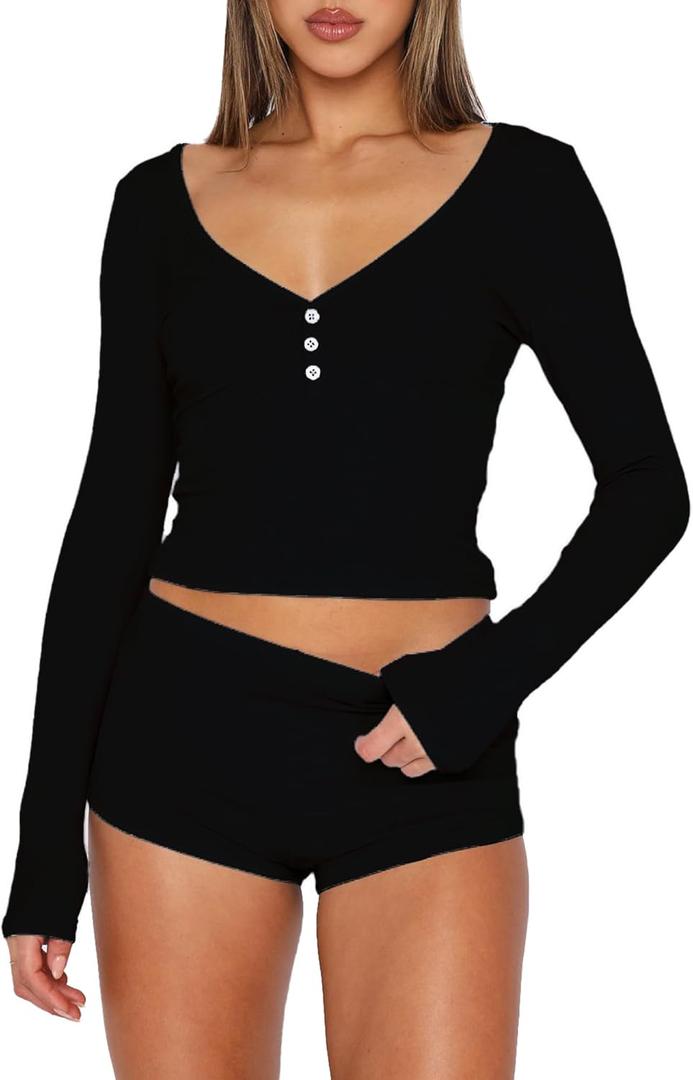 Womens 2 Piece Y2K Pajamas Set Long Sleeve Cropped Top Button Down V Neck Slim Fitted Shorts PJs Outfits Lounge Sets (X-Small, Black)