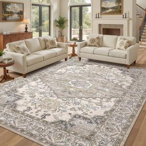 10x14 Washable Area Rugs for Living Room: Non Slip Vintage Brown Rug, Large Soft Stain Resistant Indoor Floor Carpets for Bedroom Dining Room Farmhouse Nursery Home Office Kid & Pet Friendly