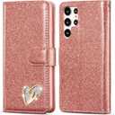 QLTYPRI for Samsung Galaxy S23 Ultra Wallet Case Bling Shiny Glitter Flip Folio Case Full-Body Protective Cover Card Slots Magnetic Closure Kickstand Wrist Strap for Women Girls S23 Ultra - Rose Gold