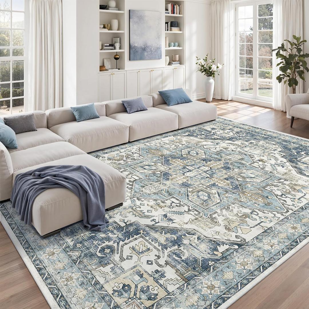 zesthome 9x12 Area Rugs-Washable Rug for Living Room, Non-Slip Backing Rugs, Stain Resistant 9x12 Rug for Bedroom, Ultra-Thin Low Pile Rugs, Vintage Large Home Decor (Blue/Ivory)