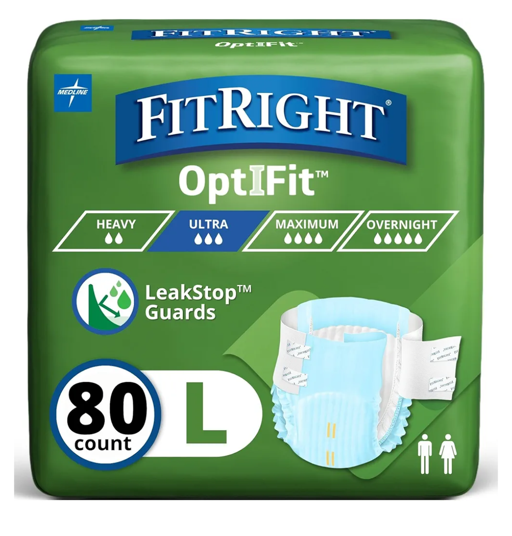 FitRight Adult Diapers, Ultra Heavy Absorbency, L (Waist Size 44in-56in), 80 Count, OptiFit Incontinence Briefs for Men and Women, Disposable, Moisture-Wicking, Leak Protection