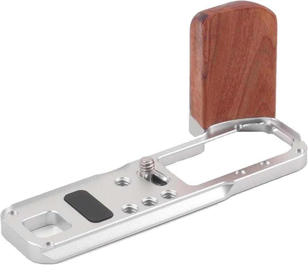 L-Shape Camera Solid Wood Grip, Thumb Grip Camera Mounting Baseplate, Walnut + Aluminium Wooden Handle Grip Cameras Accessories for FUJIFILM X-100VI (Silver)