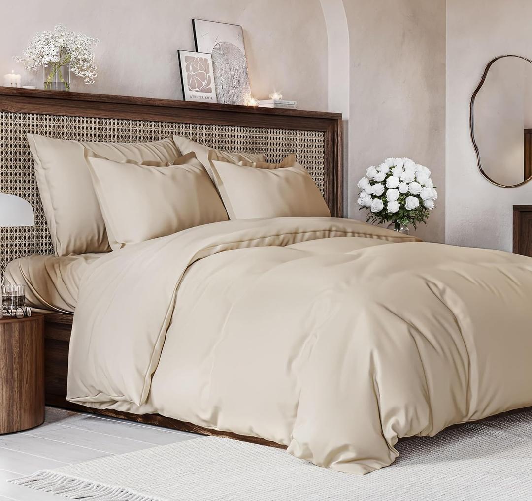 Duvet Cover Queen Size Set - Extra Soft Queen Size Duvet Cover 90 x 90 with 2 Pillow Shams - Hotel Luxury, Easy Care and Fade Free with Zipper Closures & Ties - Comfy, Breathable Bedding Set (Wheat) (14 - Wheat (No Comforter))