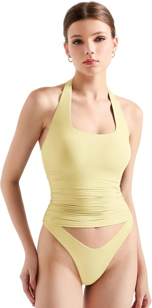 SUUKSESS Women Halter Tank Tops Double Lined Backless Y2K Trendy Going Out Tops (Small, Butter Yellow)