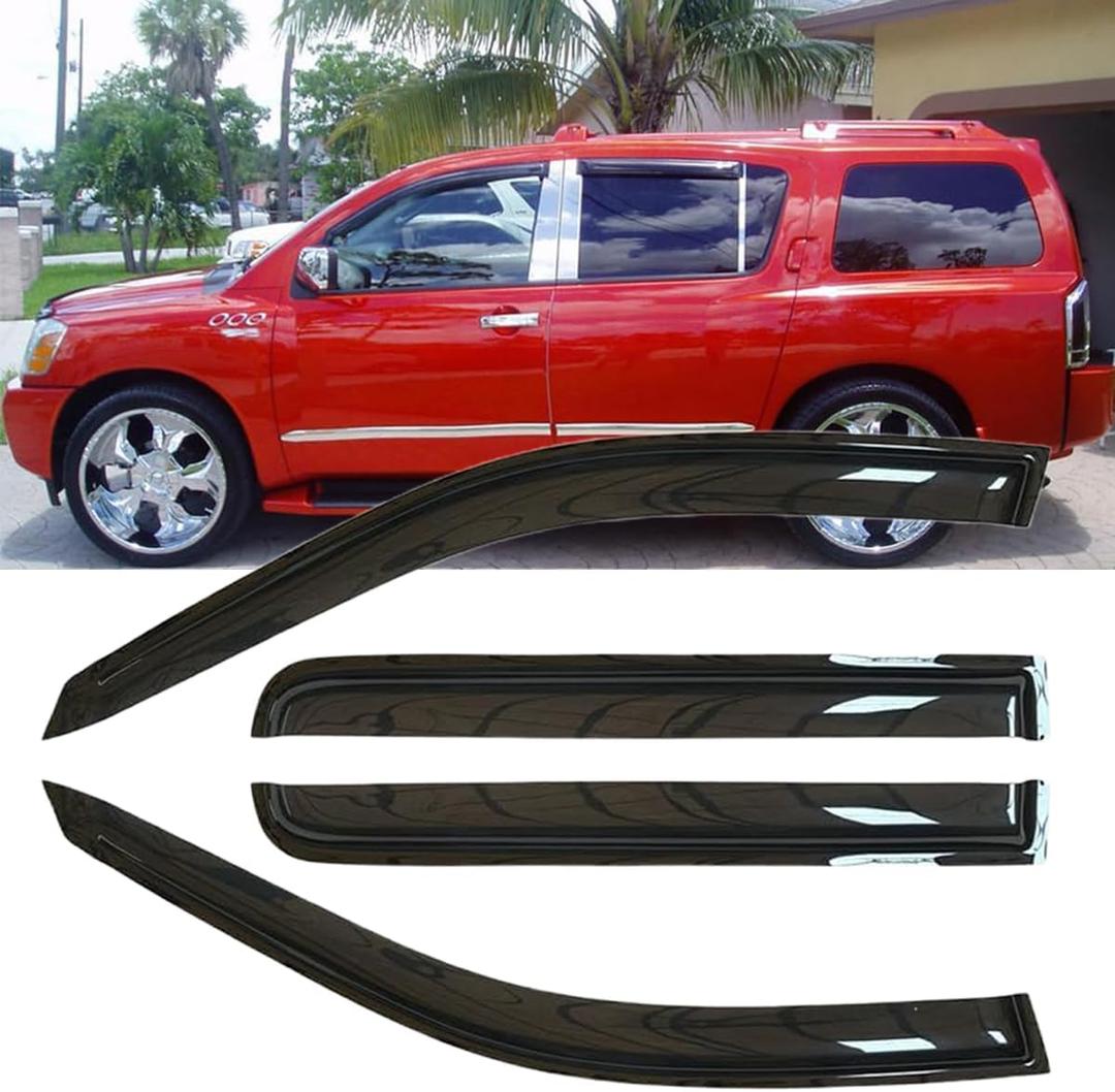 Original 4pcs Wind Deflector, Outside Mount Tape-On Waterproof Protective Rain Guards Set, Sunroof Side Window Visors Compatible with 2005-2015 Nissan Armada 94134