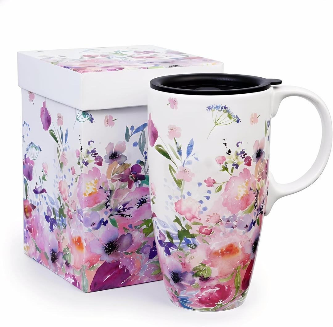 Topadorn Ceramic Coffee Mug Travel Cup Gift with Lid 17oz, Porcelain Tall Tea Cup with Handle for Home & Office, White & Pink Flower Art Pattern Mug in Gift Box, 6.5''H