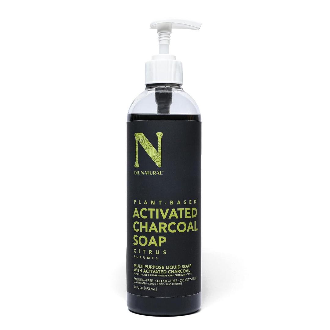 Dr. Natural Activated Charcoal Liquid Soap - Combat Acne and Blemishes - Deep Cleansing Body Wash - Gentle Body Soap for Clear Skin - Citrus - 16 oz