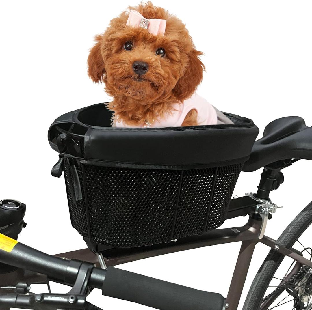 Dog Bike Basket, Adjustable Safety Strap Pet Bike Basket, Bike Dog Basket with Black Liner, for Up to 15lbs Small Dogs Cats Pets(Black)