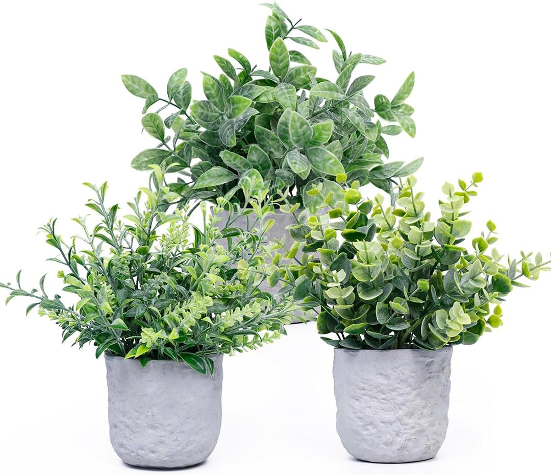 FGSAEOR Mini Potted Fake Plants, Small Artificial Greenery Realistic Plants Topiaries, Low Maintenance, for Home Office Shelf Desk Farmhouse Room Coffee Table Decor (3-Pack) (Grey (Round Pot)