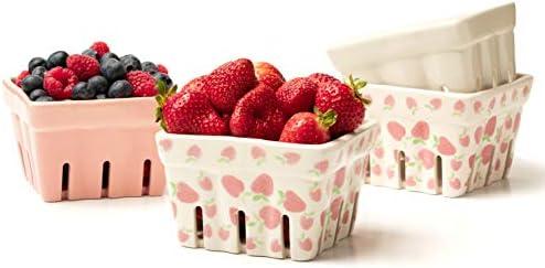 Farmhouse Ceramic Berry Basket, Colander, Strawberry Decor, Fruit Bowls/Baskets, Kawaii Kitchen bowl, Pink White and Cute Strawberry pattern Stoneware Harvest Square Bowls Set of 3