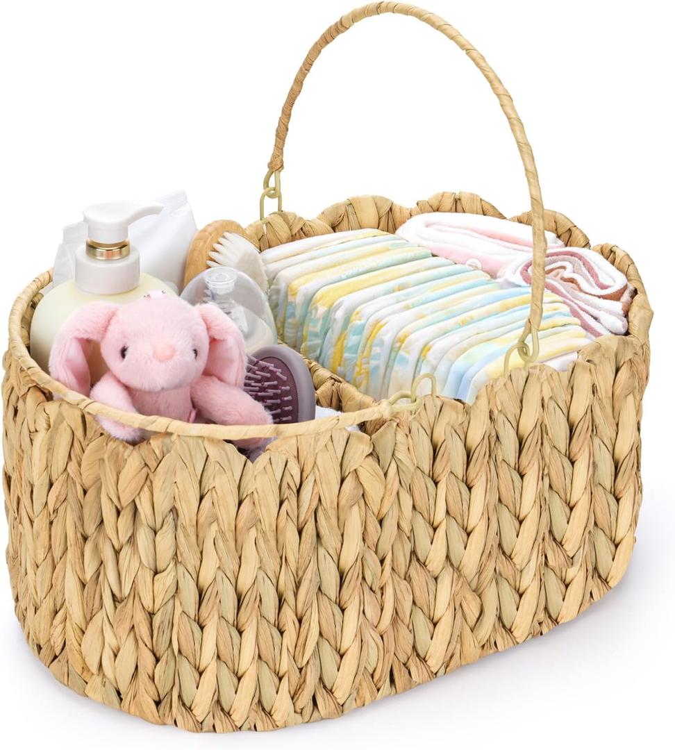 Large Baby Diaper Caddy Organizer, Portable Wicker Water Hyacinth Storage Basket with Handles and Divided Sections, Nursery Tray for Diapers Baby Essentials, Baby Shower Gifts