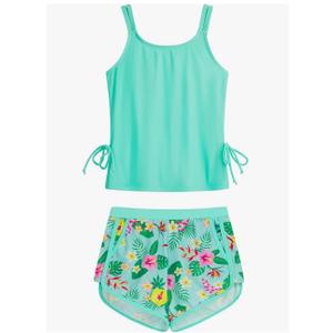 HOZIY Girls Swimsuit Two Piece Tankini Girls Bathing Suit with Boyshort Adjustable Strap Drawstring Kids Swimwear for 14Y