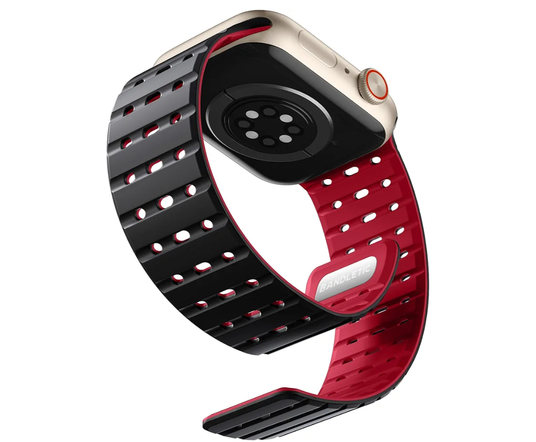 Bandletic Magnetic Watchband Compatible with Apple Watch Ultra Band Women Men, Silicone Sport Replacement Strap for iWatch 49mm(Ultra 3/2/1),46mm(11/10),45mm(9/8/7),44mm(SE3/SE2/SE/6/5/4),42mm(3/2/1)
Color: Black/Red