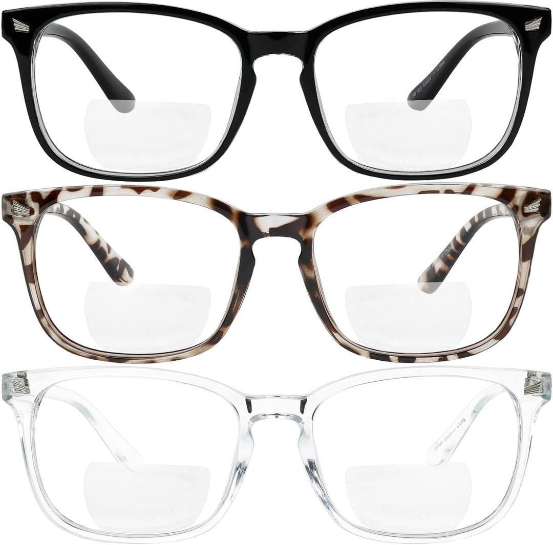 Yogo Vision Bifocal Reading Glasses for Women Men Rectangle Multifocal Readers Fashion Nerd Eyeglasses (3 Pack: Black, Clear, Grey Havana)