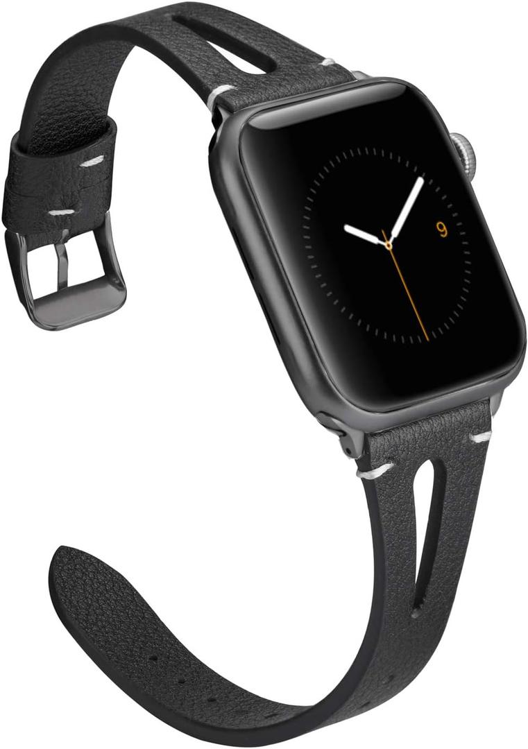 Wearlizer Black Leather Compatible with Apple Watch Bands 38/40/41/42mm for iWatch SE Womens Mens Special Straps Triangle Hole (Black Buckle) for iWatch Series 11 10 9 8 7 6 5 4 3 SE/Ultra 3