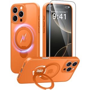 FNTCASE for iPhone 16 Pro-Max Case: [360 Spin Magnetic Stand] [Compatible with Magsafe] [Screen Protector] Translucent Matte Military Grade Shockproof Full Camera Protective Phone Cover - Orange