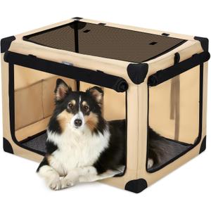 32 Inch Collapsible Travel Dog Crate for Medium Large Dogs, Portable 4-Door Foldable Soft Kennel with Mat and Durable Mesh Windows for Car & Outdoor, with Storage Bag