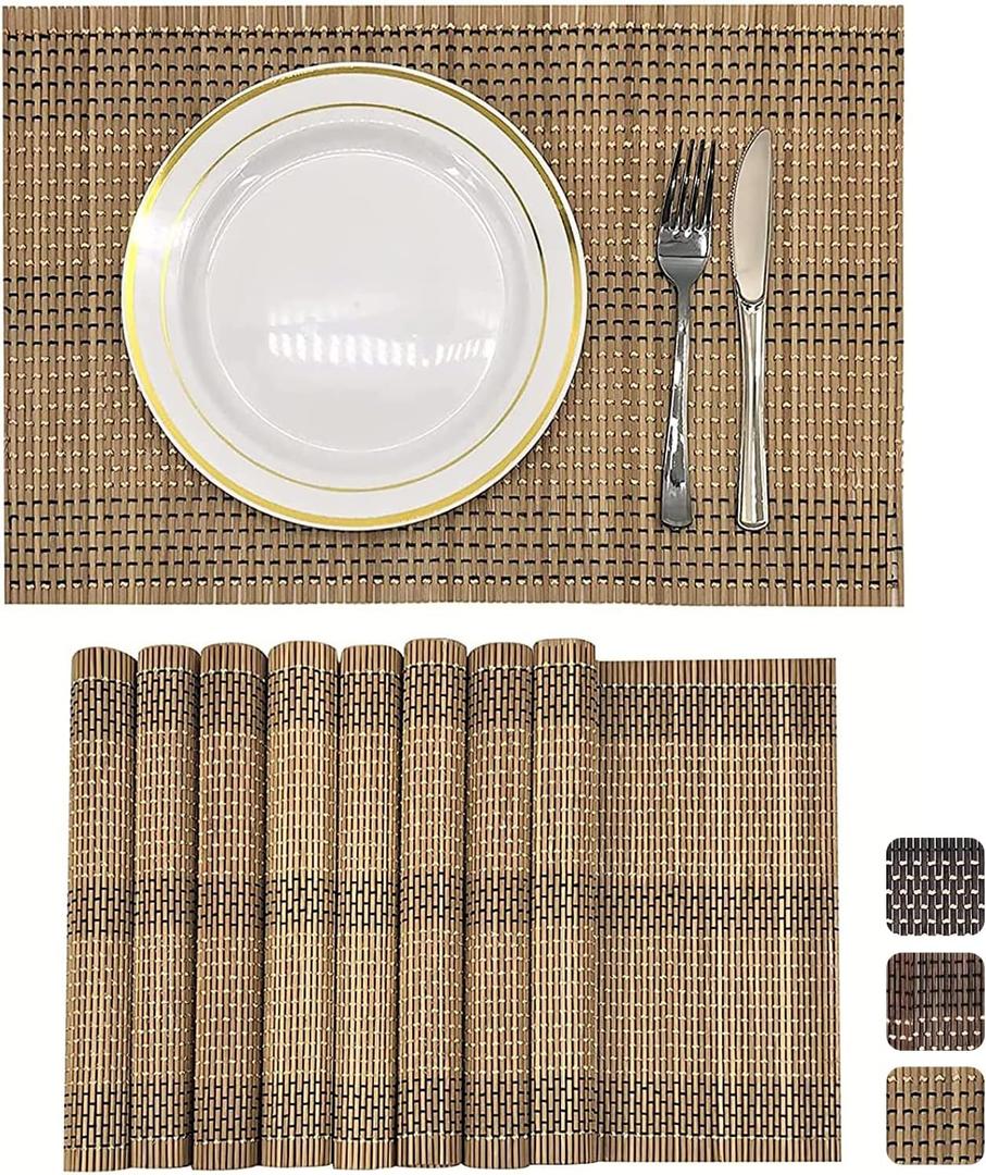 ANDSTAR Set of 8 Pcs Bamboo Placemats Natural Anti-Slip Bamboo Placemats Washable Heat-Resistant Table Mats for Dining Room and Kitchen (Brown+White+Black) (Set of 8 Placemat 17.7 x 11.8 inch)