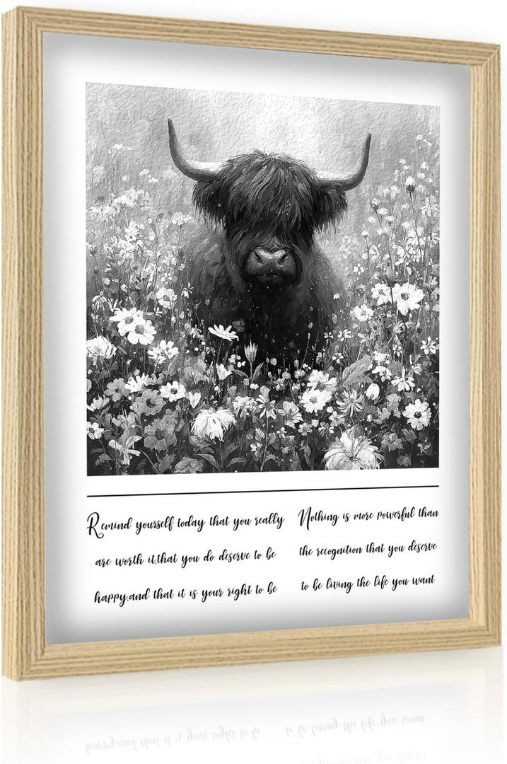 GUMEYJIA Highland Cow Wall Art Small 11x14 in Framed Poster Vintage Canvas Print Artwork Black and White Home Decor for Bathroom Bedroom