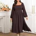 SCOMCHIC Women's Plus Size Fall Dresses Long Sleeve Square Neck Smocked Flowy A-Line Formal Wedding Guest Maxi Dress (Brown, XXXL)