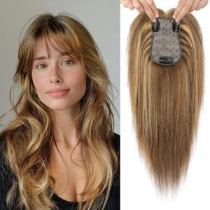 Flufymooz 100% Real Human Hair Toppers, 12 Inch Human Hair Toppers for Thinning Hair Large Hand-woven Area 360 Coverage Natural Hairpiece Wiglet for Women 5"x3" Silk Base (Medium Brown with Blonde)