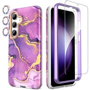 SHEDEER for Samsung Galaxy S24 Case with Glitter Camera Protector & Screen Protector, Samsung S24 Case Chic Anti-Yellowing Pattern, Shockproof Drop Protection Phone Cover S24 6.2'', Crystal Purple