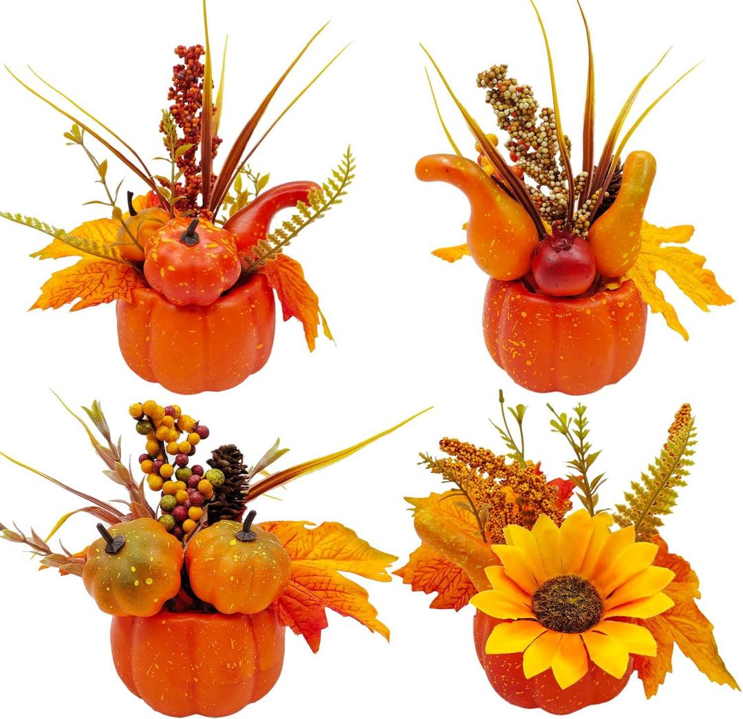 Fall Pumpkin Decor Set Thanksgiving 4 Pack Fake Pumpkins Berry Pine Cone Sunflower Maple Leaves Fall Decor, for Autumn Home Tabletop Centerpieces Kitchen Fireplace Mantel Party Decorations (Orange)