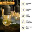 48-Pack S14 Outdoor String Light Bulbs for Patio Lights, 2200K, 1W | Plastic outdoor indoor S14 string bulbs for decoration, 11W Equivalent, 120V, E26 base warm white edison bulbs waterproof