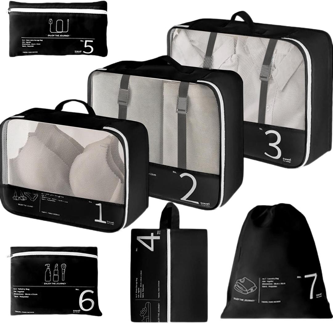7 Set Packing Cubes for Suitcases Travel Luggage Packing Organizers,Travel Accessories Essentials Luggage Organizer for Shoe/Tioletry/Laundry Bag(Black)