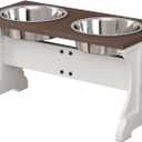 Piskyet Elevated Dog Bowls,Farmhouse Dog Bowls Stand, Raised Dog Bowl with 2 Stainless Steel Wooden Dog Bowls,7 Cups 11''H_55 oz Bowl-Farmhouse Style