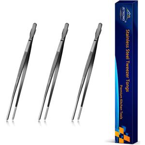 JETKONG 7 Inch Tweezers Tongs Mini Kitchen Food Tweezers Small Cooking Thin Tongs, Set of 3 (7 7 7 Inch, Black)