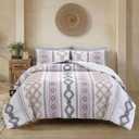 MOVE OVER Beige and Gray Tufted Comforter Set Queen Size 5 Pieces Bohemian Style Geometric Tufted Bedding Set Farmhouse Boho Aztec Comforter Set with 2 Decor Pillow Covers for Room Decor (White)