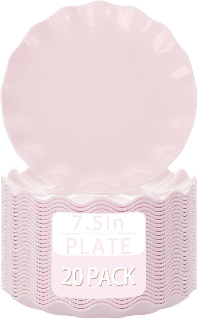 LIYH 20 Pcs 7.5 Inch Pink Scalloped Plastic Plates Reusable - Unbreakable Plastic Cake Dessert Plates for Weddings Party Outdoor Picnics Dishwasher Safe BPA Free(20Guests)