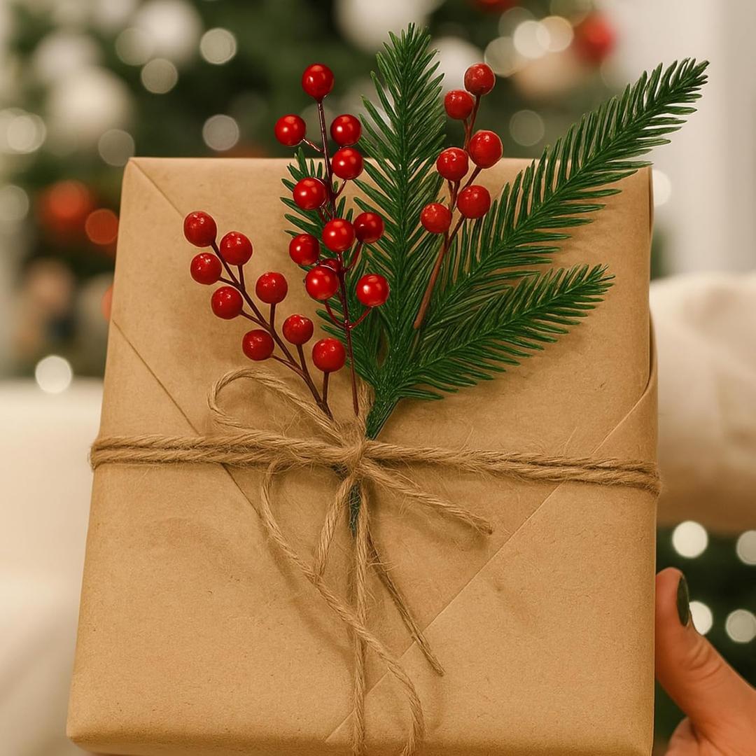 Norme 40 Pcs Christmas Floral Picks Christmas Greenery for DIY Gift Wrapping Plants Red Berry Pine Branches Artificial Picks and Sprays Stems Pine Sprigs for Crafts Wreath Garland Decor(Elegant Style)