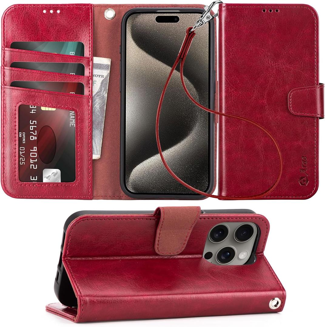 Arae Compatible with iPhone 15 Pro Case with Card Holder and Wrist Strap Wallet Flip Cover for iPhone 15 Pro 6.1 inch, Burgundy Red