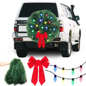 164 ft Christmas Large DIY LED Car Wreath Christmas Car Decorations Artificial Wreath for Front Grill Lighted with Red Bow Truck Decoration, No Batteries Included