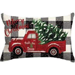 RABUSOFA Christmas Pillow Covers 12x20 Black and White Buffalo Plaid Red Truck Christmas Decorations Winter Decorative Throw Pillow Cases Farmhouse Holiday Xmas Lumbar Cushion Covers for Couch