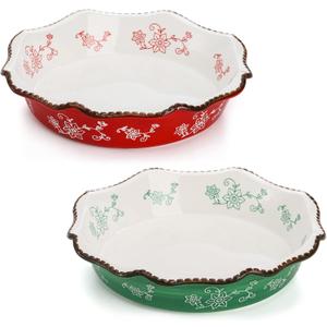 Cedilis Set of 2 Ceramic Pie Pan for Baking, 9 Inches Deep Dish Pie Plate, 47 Ounce Round Baking Dish for Apple & Pumpkin Pie, Red and Green