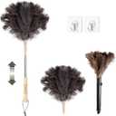 Ostrich Feather Dusters for Cleaning Kit - Reusable Soft Feather Duster Extendable to 49 inches for Cleaning Ceiling Fan, High Ceiling, Blinds & Retractable Small Duster for Keyboard, Car (Brown)