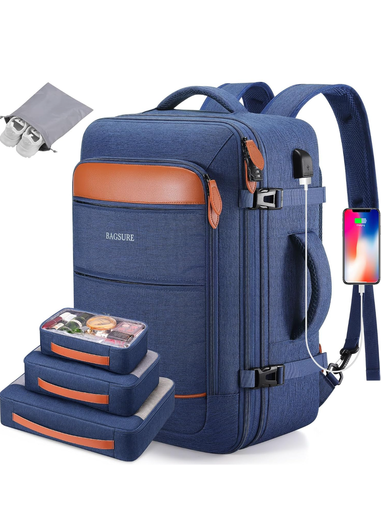 Bagsure Travel Backpack, 42L Carry on Luggage, Flight Approved Expandable Backpack, Laptop Backpack. Blue.