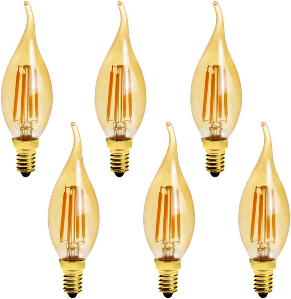 6-Pack E14 4W C35 Dimmable LED Filament Bulb, 2200K Warm White 400LM Edison Candle Flame Shape Bent Tip Light Bulb, C35 Amber Glass Globe Cover, 40 Watt Equivalent, AC 110V
