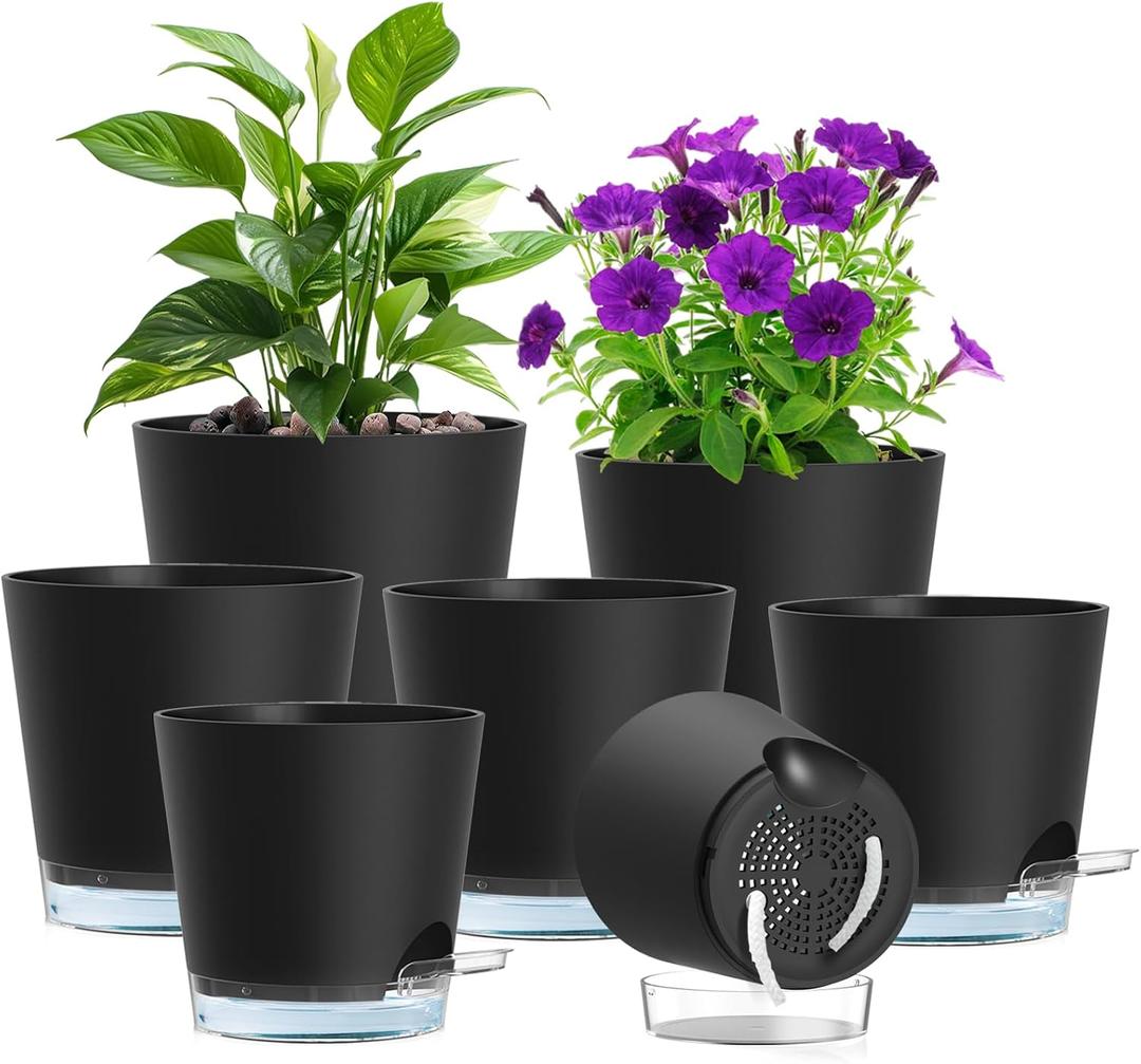 Meowell Self Watering Pots Set of 7 Assorted Size 4" to 8" Indoor Plant Pots with Drainage Holes and Clear Reservoir for Visible Water Level, Plastic Wicking Planter for House Plants & Flower, Black