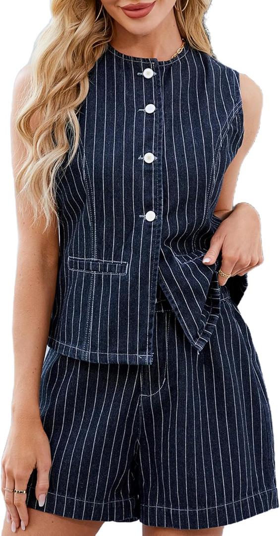 Denim Vest Women Jean Vest Tops Button Down Sleeveless Denim Tank Tops Crew Neck Summer Trendy Waistcoat with Pockets (Large, 03-blue Striped)