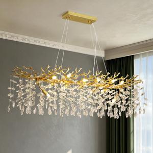 Modern Crystal Tree Branches Chandelier, 47.5in Gold 14 Lights Large Ceiling Hanging Light for Dining Room, Rectangle Raindrop Pendant Light Fixture