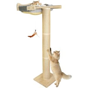 Cat Window Perch Hammock with 3-Piece Detachable Roman Column Sisal Scratching Posts, Gray Fluffy Cusion, Drill-Free Suction Cup Mount, Extra Large for Large Cats & Maine Coons, 60 LBS Capacity