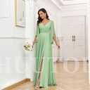 Women's Chiffon Mother of The Bride Dresses for Wedding V Neck Bridesmaid Dress with Sleeves Formal Evening Party Gown (Black)