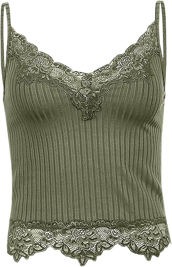 Lace Trim Cami Tops for Women Sexy V Neck Spaghetti Straps Camisole Tops Ribbed Soft No Underwire Gather Bralettes Set of 3 XXL