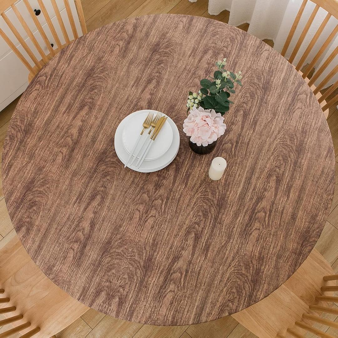 LIBERECOO Round Vinyl Fitted Tablecloth with Flannel Backing Elastic Edge Table Cover Waterproof Stain-Resistant Wipeable Tablecloths Fits 45-56" Round Tables (Walnut Wood)