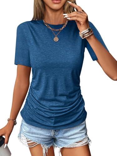 Micticsi Womens Ruched Tops Short Sleeve T Shirts Crewneck Slim Fitted Top Casual Spring Summer Trendy Clothes 2025,Small