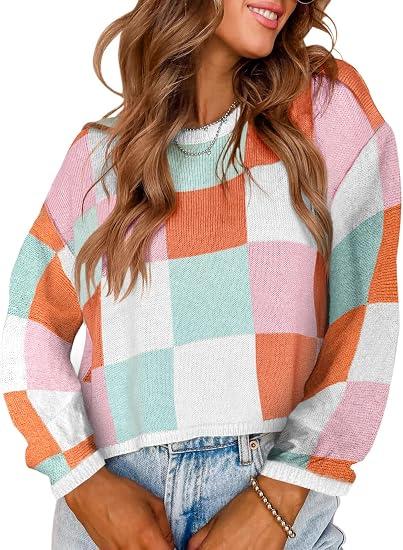 IDEALSANXUN Womens Color Block Cropped Sweater Fall Winter Trendy Cute Long Sleeve Knit Sweater Tops, Large